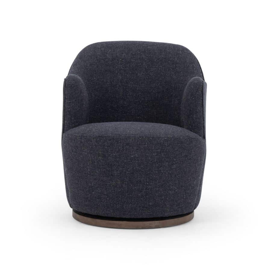 Dark blue fabric chair with wooden base, featuring plush cushions and a modern swivel design.