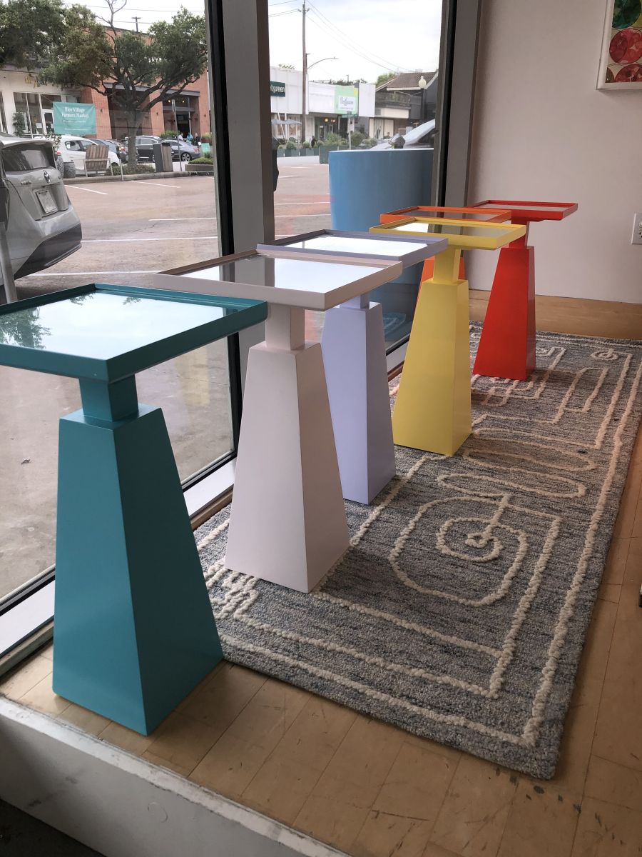 Colorful modern Bacchus custom color drinks side table with glass top, in store display