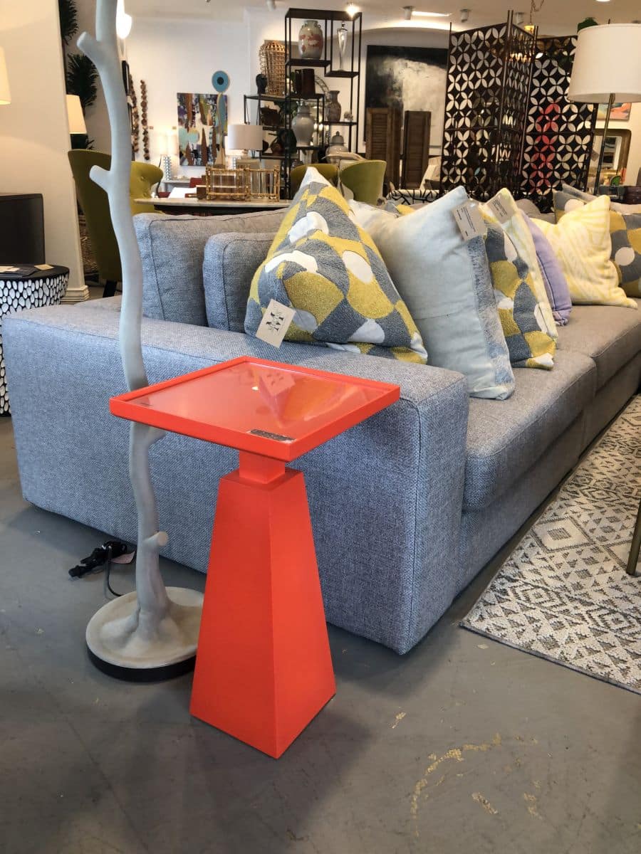 Custom color Bacchus drinks side table, vibrant red base, glass top, modern design, living room furniture, home decor, Benjamin Moore paint options