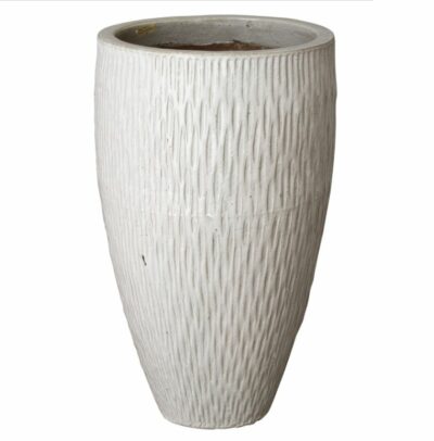 A tall, round ceramic pot with a distressed white glaze.