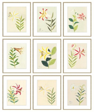 Nine framed reproduction art prints featuring vibrant floral designs with detailed stitching, available in various frame styles.