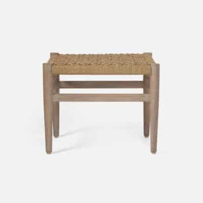 Small mid-century style bench with woven rope seat and backrest, featuring a teak wood frame and tapered legs.