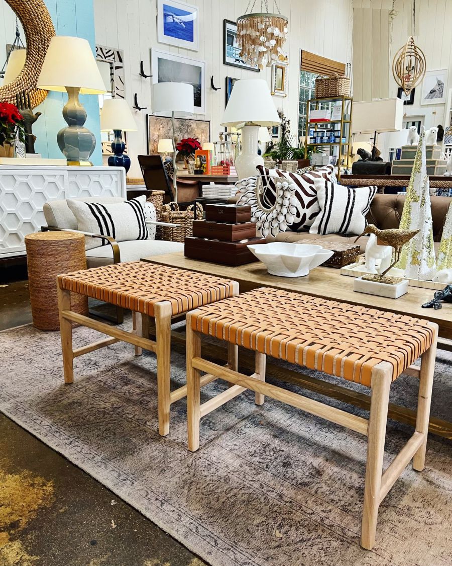 Small modern bench with full grain woven leather seat and wood frame available in chestnut leather with teak wood or tan leather