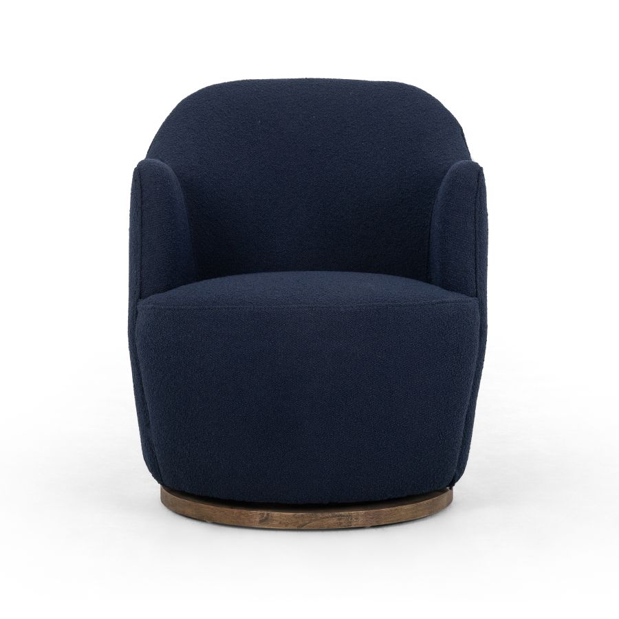 Blue upholstered petite swivel chair with natural wood base, available in other fabrics, one in Dallas.