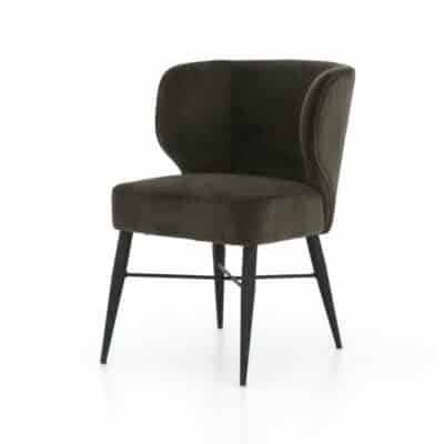 Bella Chair, Smoke Velvet, Low Curved Back, Angular Cone Tapered Iron Legs