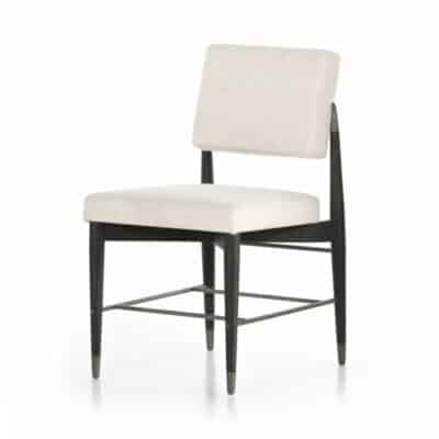 Black Oak Dining Chair with black finish and iron caps and stretchers. Off White performance fabric.