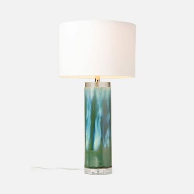 Table lamp with a tall cylindrical base featuring a gradient ombre design in shades of blue and green It has a simple