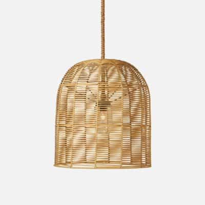 A large, spherical woven rattan outdoor pendant light with a braided abaca rope hanging from it, displayed against a white background.