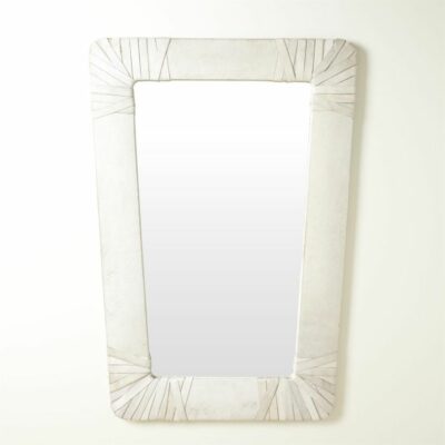 A rectangular mirror with a textured frame, featuring wrapped corners and a tapered shape, set against a white background.