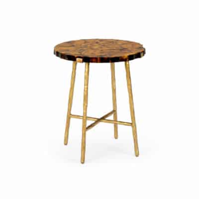 Brown Penshell Side Table with Antiqued Gold Wrought Iron Base featuring a rich brown wooden top and a sturdy iron base with