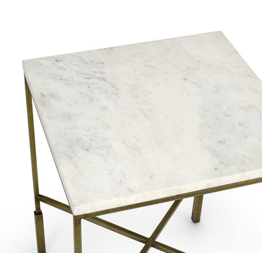 Square marble table with gold base, elegant side table, luxurious interior decor piece.