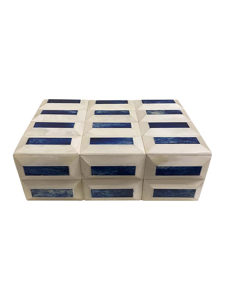 The image displays a collection of decorative boxes in blue and ivory colors with the largest box in the front measuring 12
