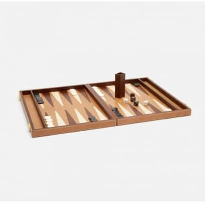 A wooden backgammon set in a beige leather case with brown bone pieces showcasing the game board with dice and pieces ready