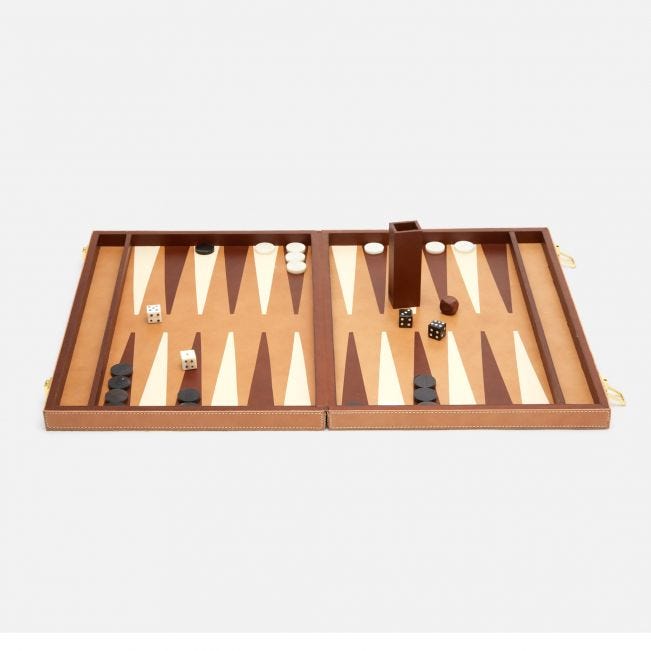 Leather backgammon set with wooden pieces, presented in a neatly arranged display case.