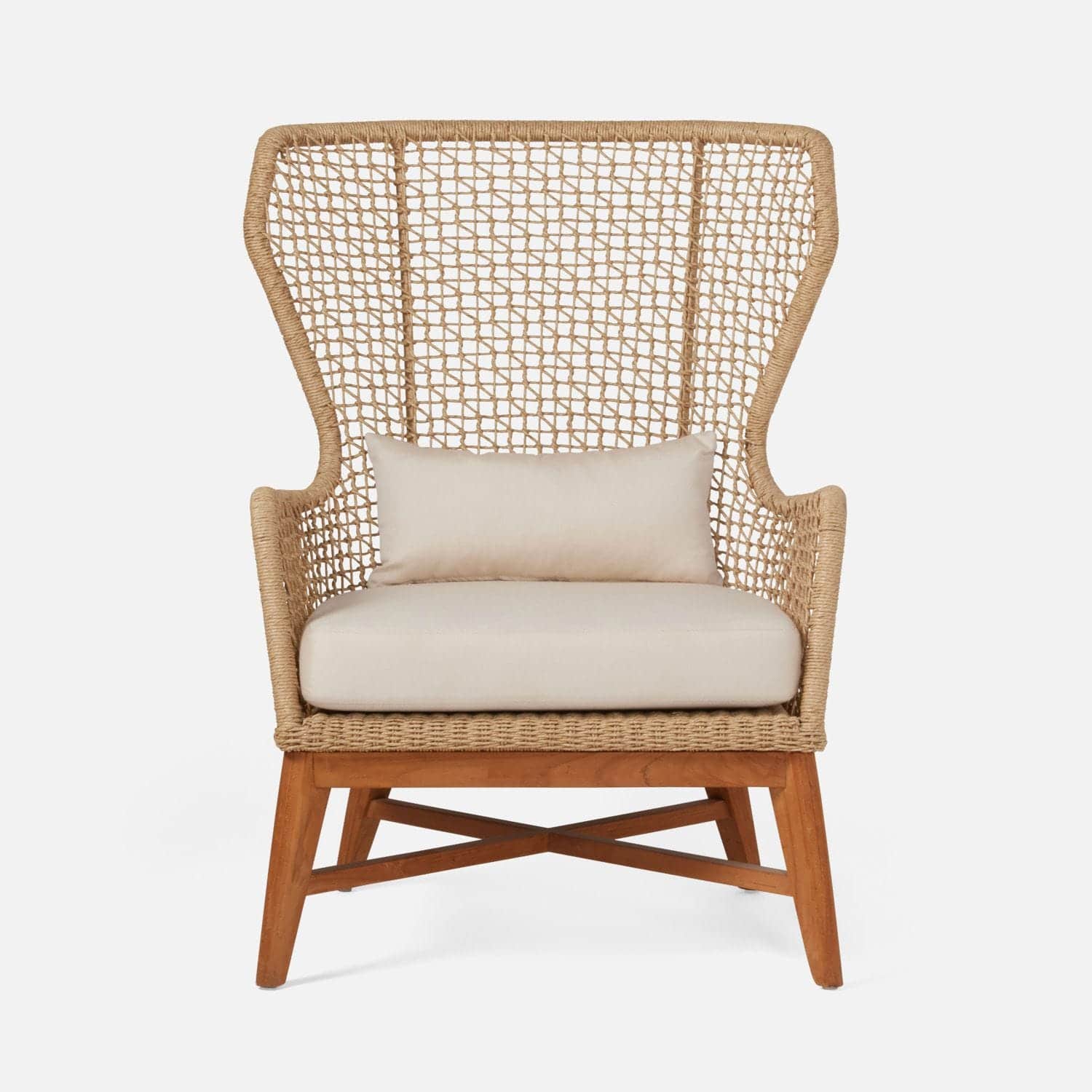 Elegant outdoor wicker chair with natural teak legs, featuring two plush white cushions for comfort.