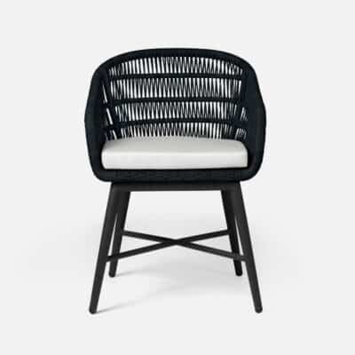 Stylish black outdoor rope dining chair with a woven seat and cushion, featuring a charcoal base.