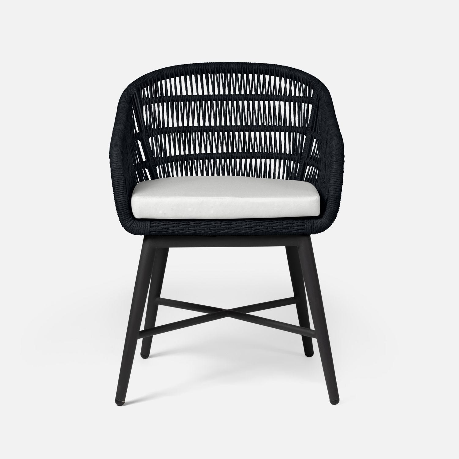 Stylish black outdoor rope dining chair with a woven seat and cushion, featuring a charcoal base.