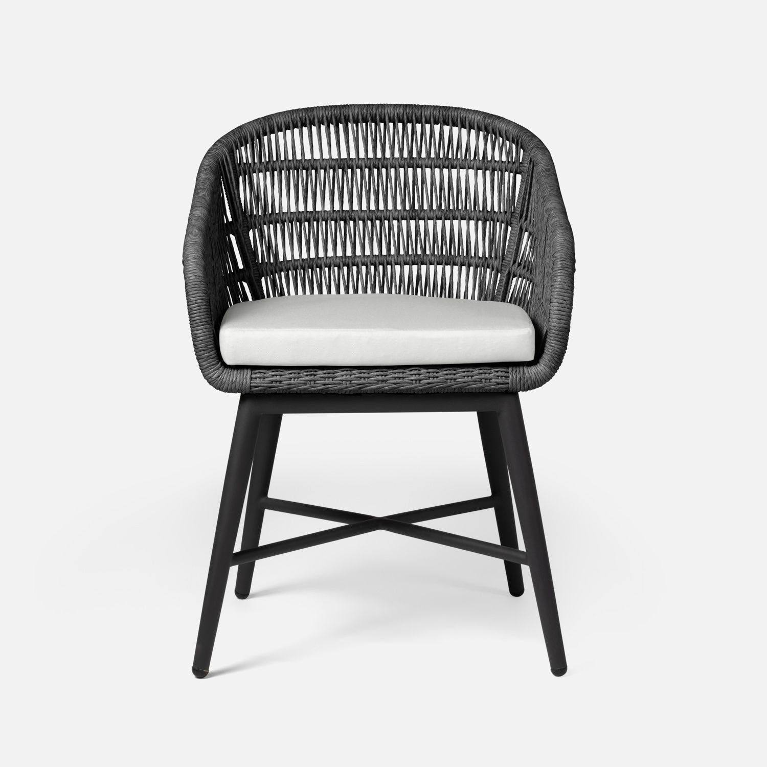 Black outdoor rope dining chair with white cushion, featuring a charcoal metal base.