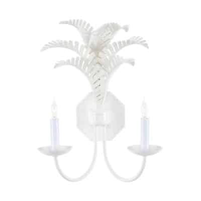 White lamp with three candles, featuring a decorative tropical design.