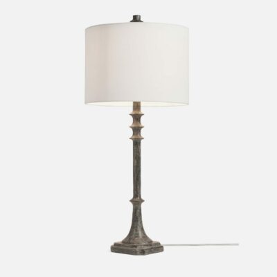 Dark grey or matte white spindle style resin table lamp with a classic design.