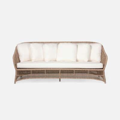 Outdoor Faux Wicker Sofa in Natural Twist Design with White Performance Fabric Cushions, available in Charcoal, Natural, Speckled White.
