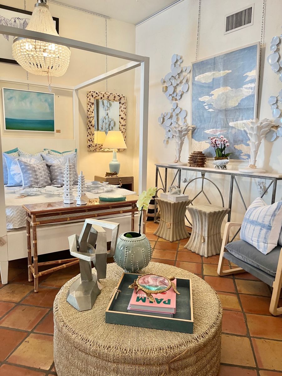 Wave Travertine Side Table in store showcasing the table's design and texture, capturing attention with its natural variations and unique pattern.