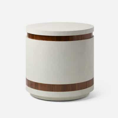 Round, stylish side table in beige and walnut veneer finish.