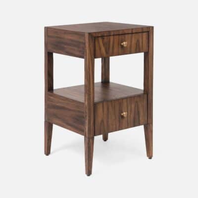 Small wooden nightstand in the corner, crafted from rustic natural Brazilian wood, featuring abstract brass knobs, available in various sizes.