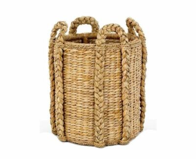 Round wicker basket, natural color, traditional design, intricate weaving, suitable for storage or decoration, perfect for a rustic home.