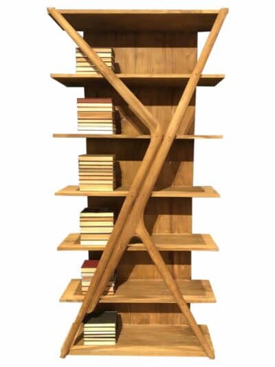 Six shelf wooden bookcase, Danish style design, teak wood finish, clear coat semi-gloss, 139 pounds, FNB-141509-228T, $3450, also available in black.