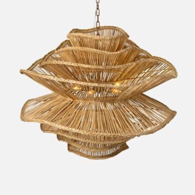 Large Abstract Layered Rattan Chandelier with six layers of rattan in gentle waves, featuring braided edges.
