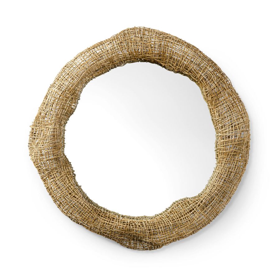 Large wicker mirror with intricate open weave design in natural finish, set against white background.