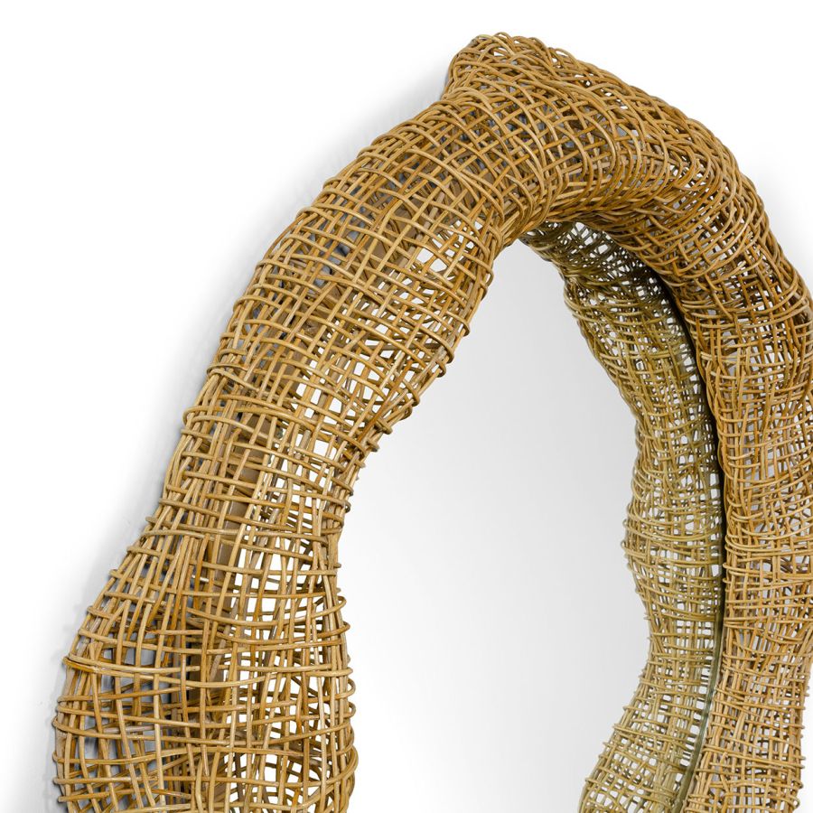 Large open weave mirror with natural finish, crafted from split rattan over metal frame, available in smaller size.