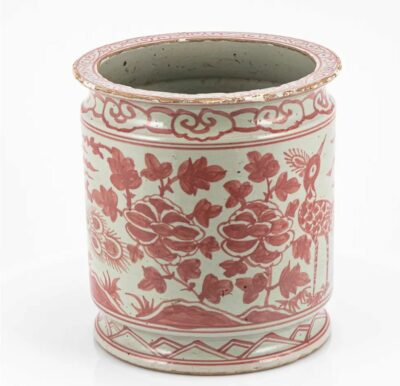 Porcelain Orchid Pot, red underglaze, ornate floral design