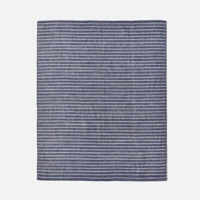 A blue and white striped indoor-outdoor rug on display available in three different sizes 96 x 120 108 x 144 and 120