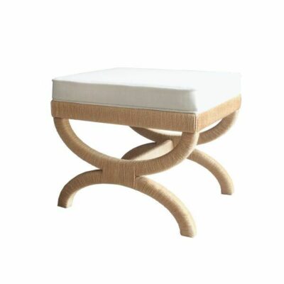 Rope woven stool with white cushion, showcasing its unique design.
