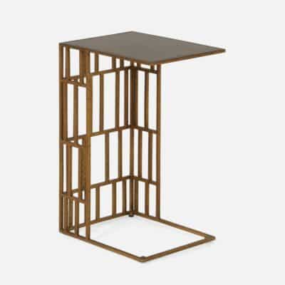 Art Deco side table with geometric shaped base, available in aged brass iron or black bronze iron.