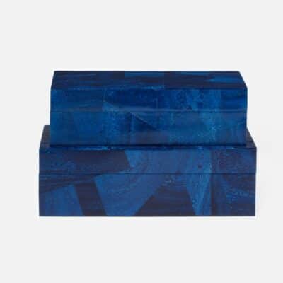A large, rectangular blue marbled resin box with a shiny, smooth finish.