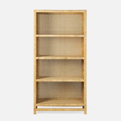 Natural woven rattan bookshelf with multiple shelves against white background.