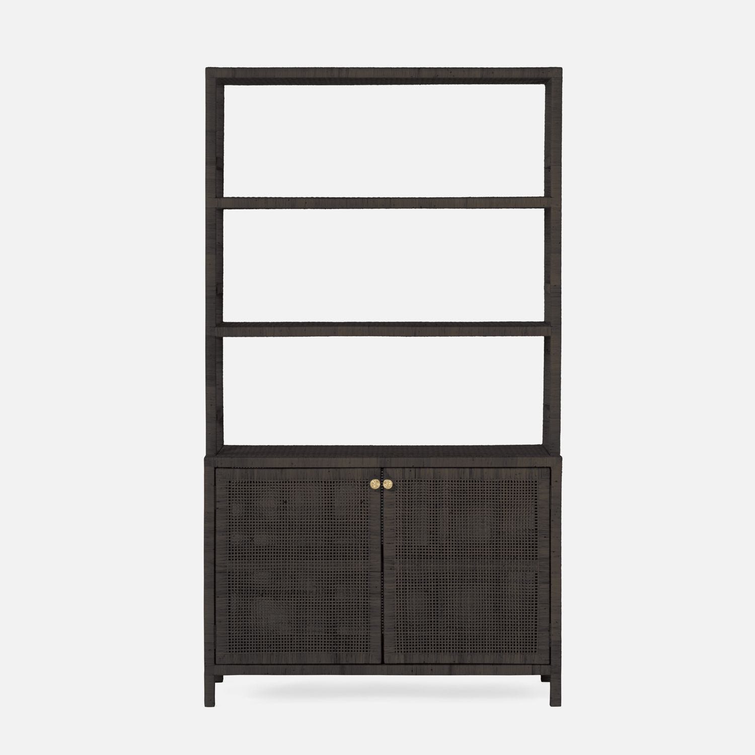 Modern black bookcase with hutch, featuring a sleek design and a contemporary style.