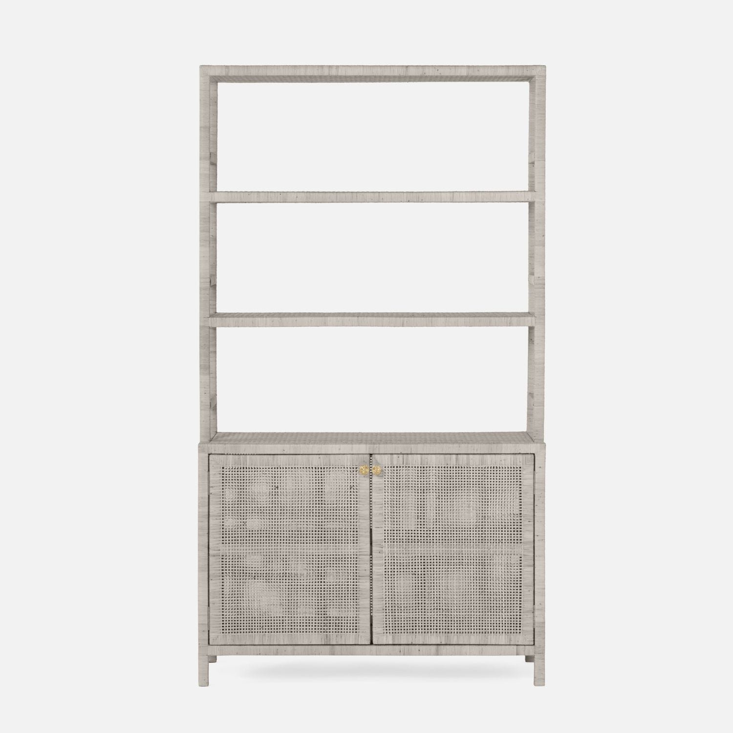 A tall, rectangular bookcase with a hutch, featuring a woven texture.