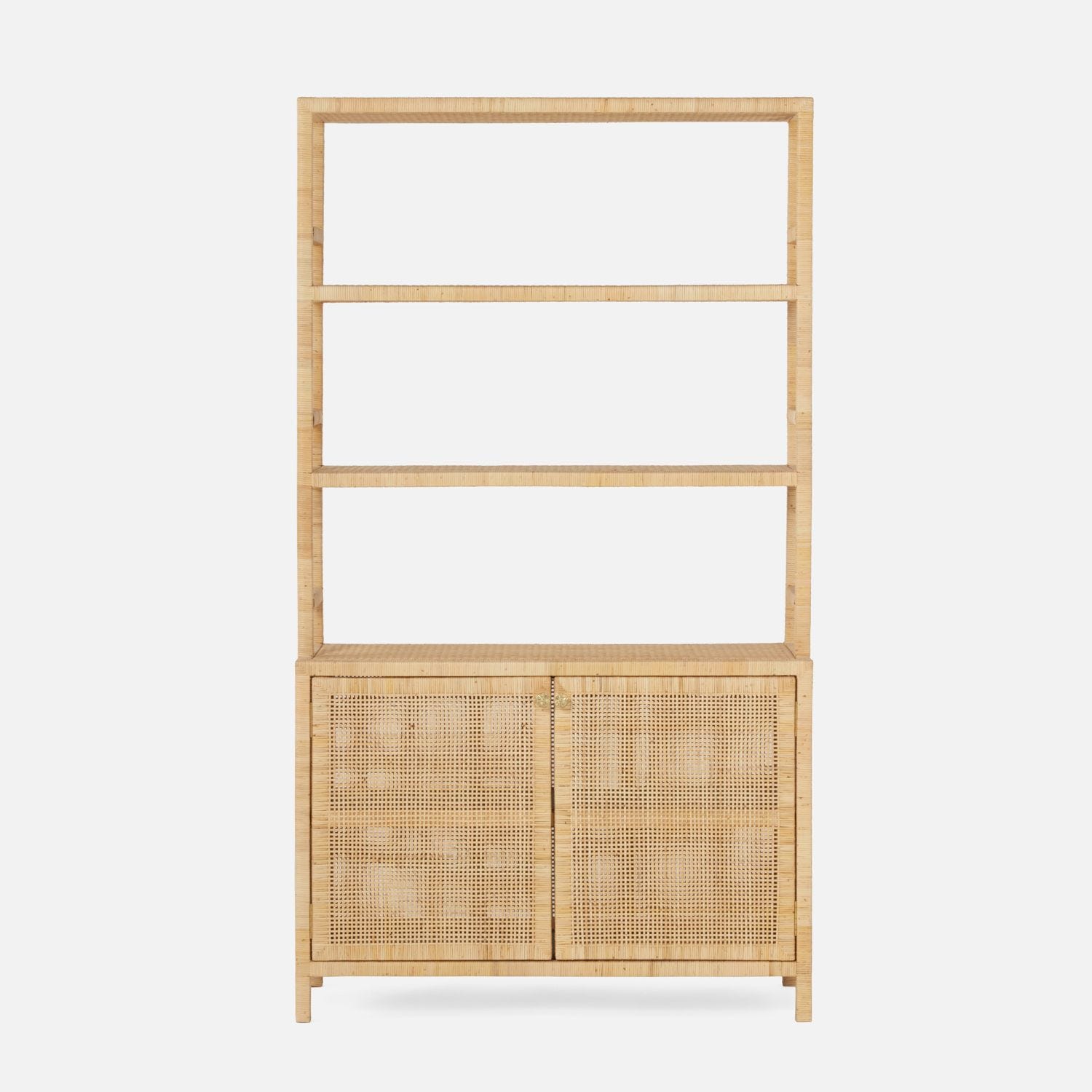 Rattan bookcase with hutch available in natural French gray navy stain smoke onyx or white finish showcased in a clean simple photograph
