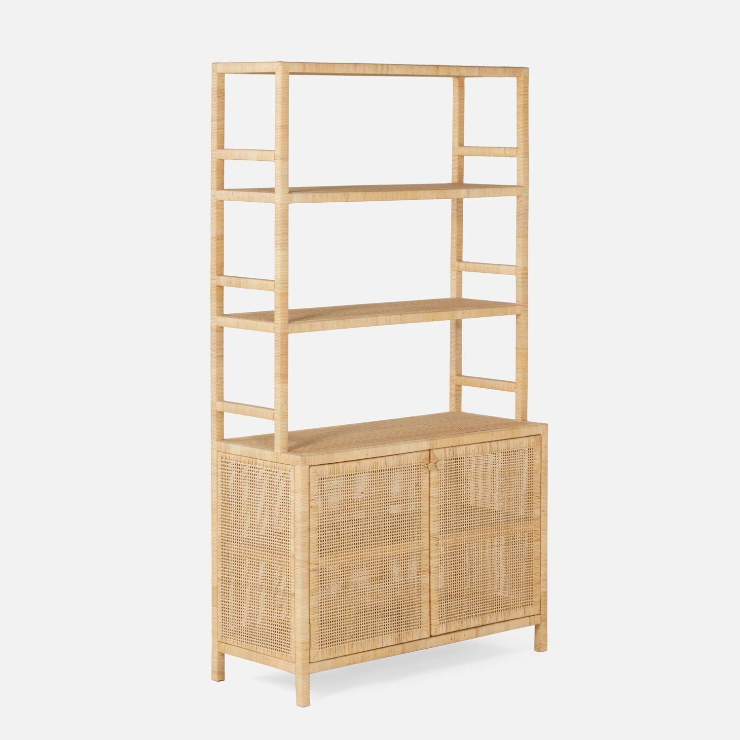 Peeled rattan bookcase with multiple shelves and hutch, presented in a neutral color, showcasing its sturdy design and versatile storage options.