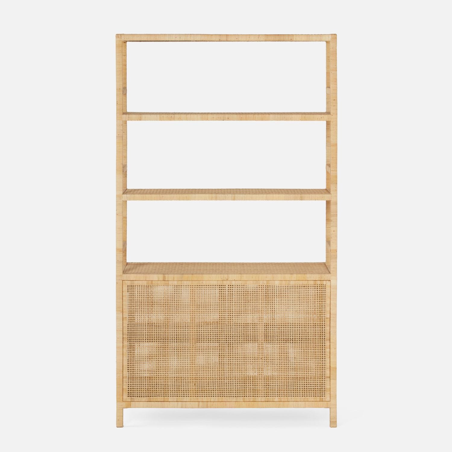 Elegant wicker bookcase with open shelves and hutch, displayed against a white background.