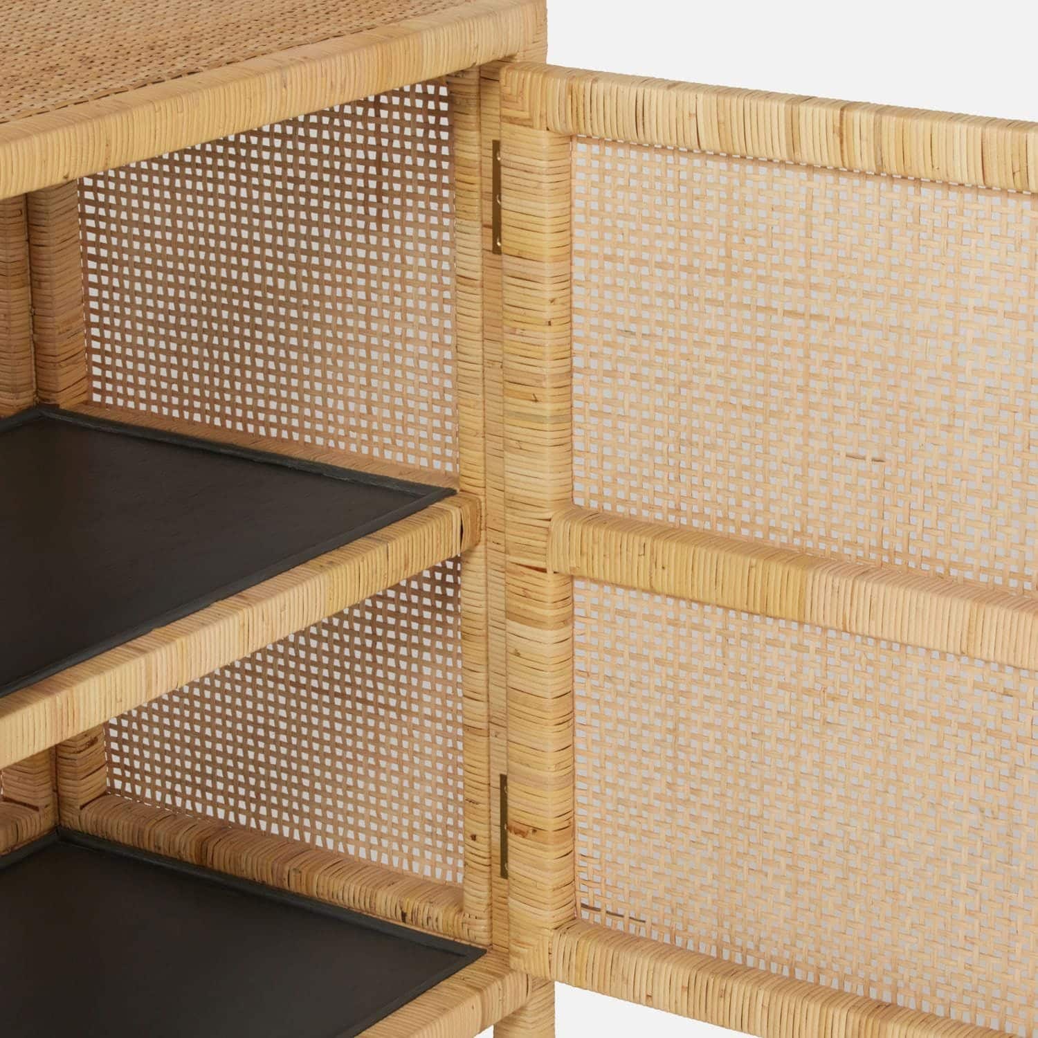 Rattan bookcase with hutch in natural finish, featuring a modern design with multiple shelves for storage and display.