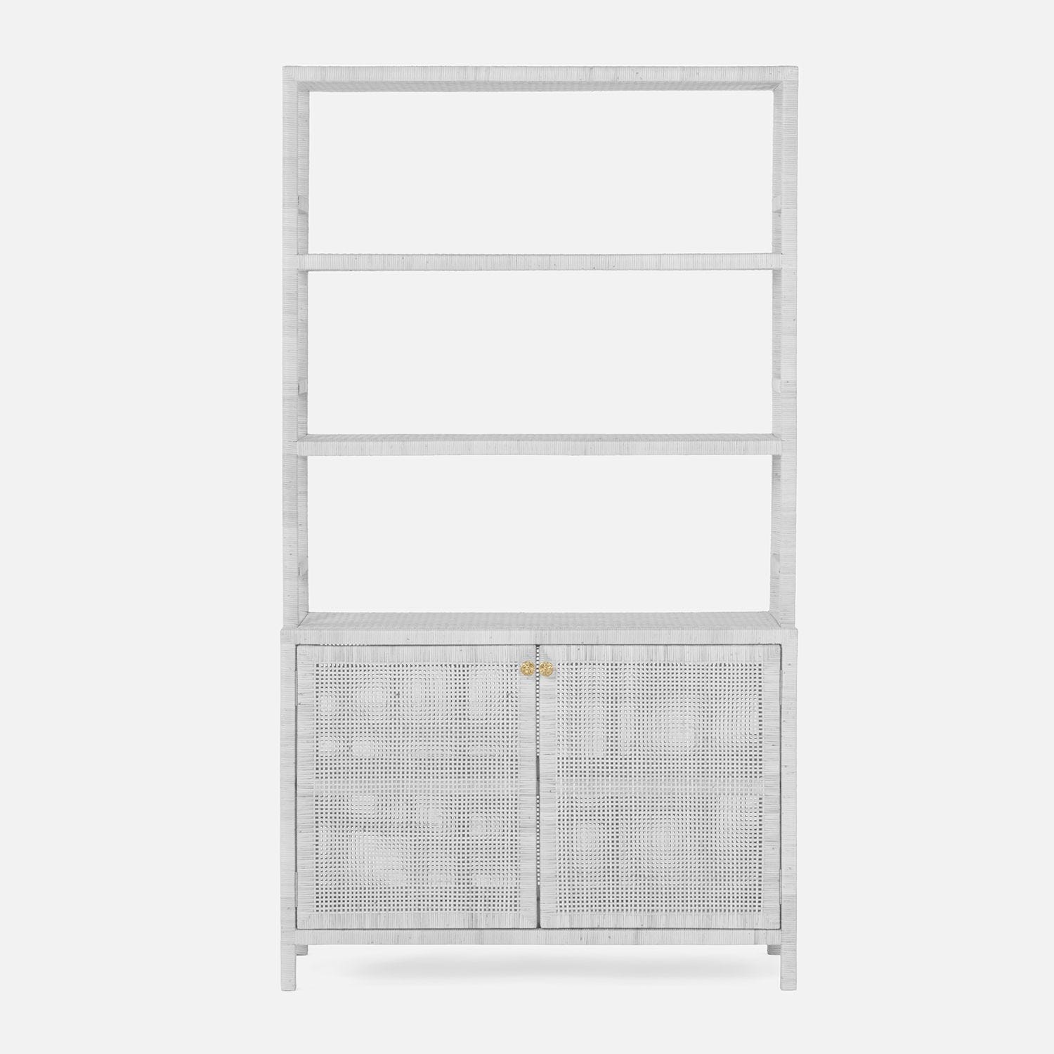 Peeled rattan bookcase with hutch, available in natural, French gray, navy stain, smoke, onyx or white.