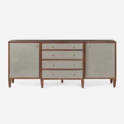 Faux Canvas and Walnut Veneer Buffet Brass Pulls Adjustable Shelves 6 Compartments Caster Grey Faux Canvas with Walnut Veneer or Champagne Faux