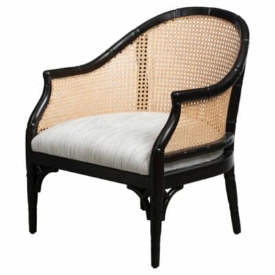 Mahogany and Cane Barrel Lounge Chair black stained mahogany cane backing upholstered in danube grey and beige performance fabric seat cushion height