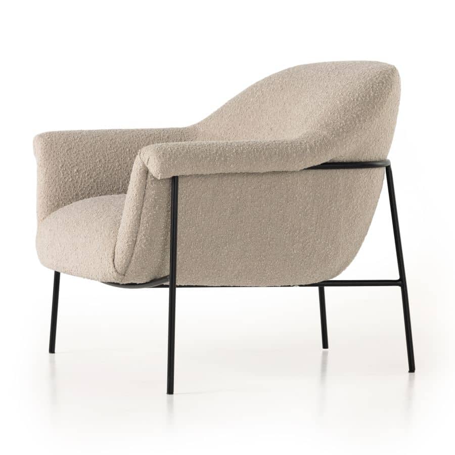 Mid-Century Style Boucle Chair in Sand Fabric on Black Iron Base.