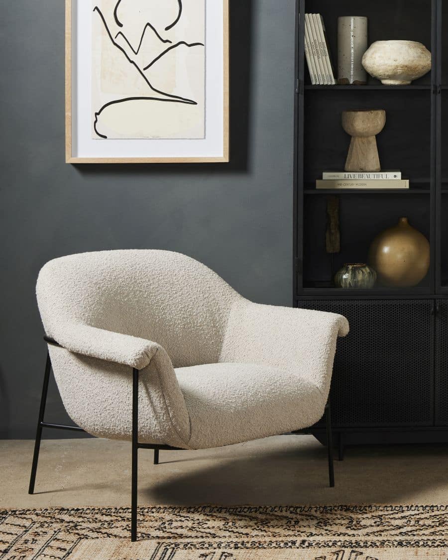 Close-up of the Kent Chair in Sand Boucle Type Fabric, showcasing its mid-century style and plush texture.